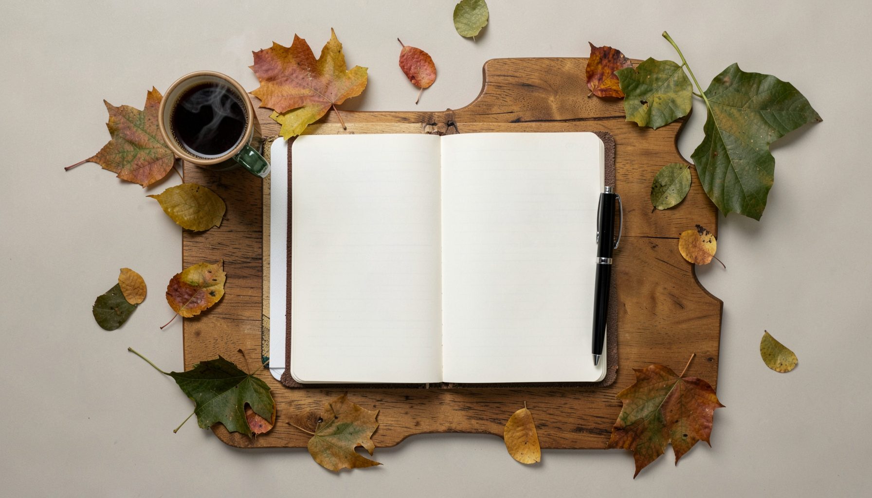 Overhead flat-lay of a wooden desk with an open notebook, a steaming coffee cup, a pen, and scattered autumn leaves in warm amber and olive tones.