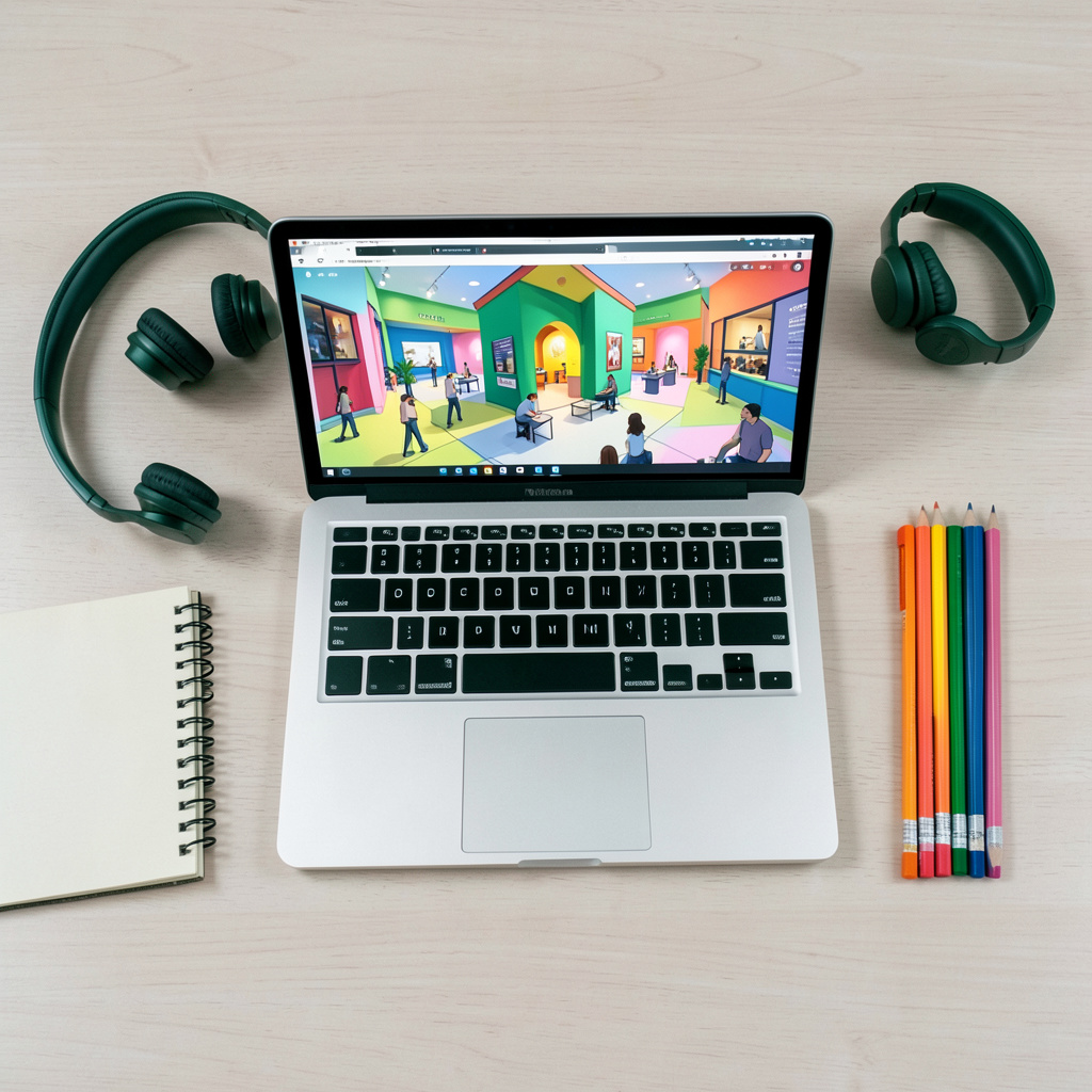 Overhead flat-lay of a laptop screen showing a colorful virtual museum tour, with headphones, a field notebook, and colored pencils arranged neatly on a light wooden desk.